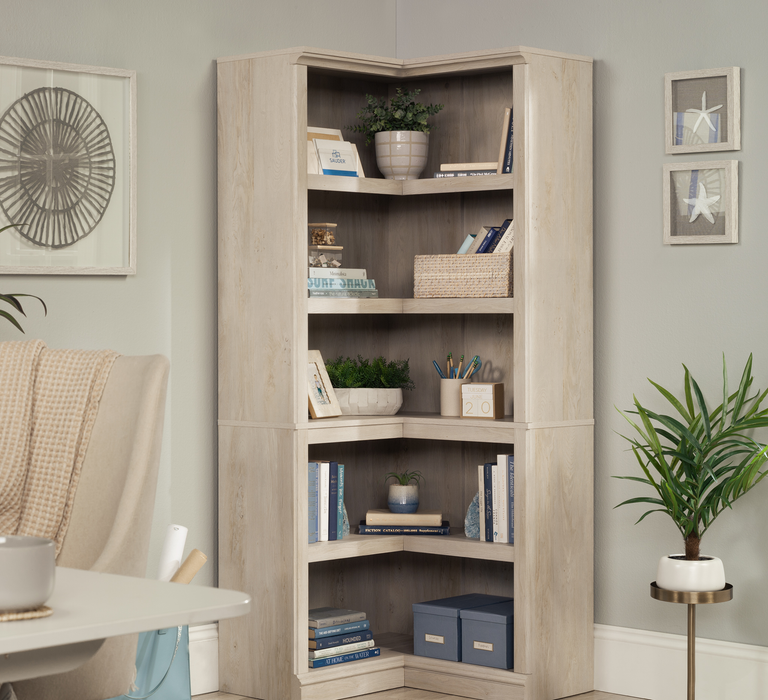 Elven 29.25” Corner Bookcase with 5 Open Shelves – Chalked Chestnut