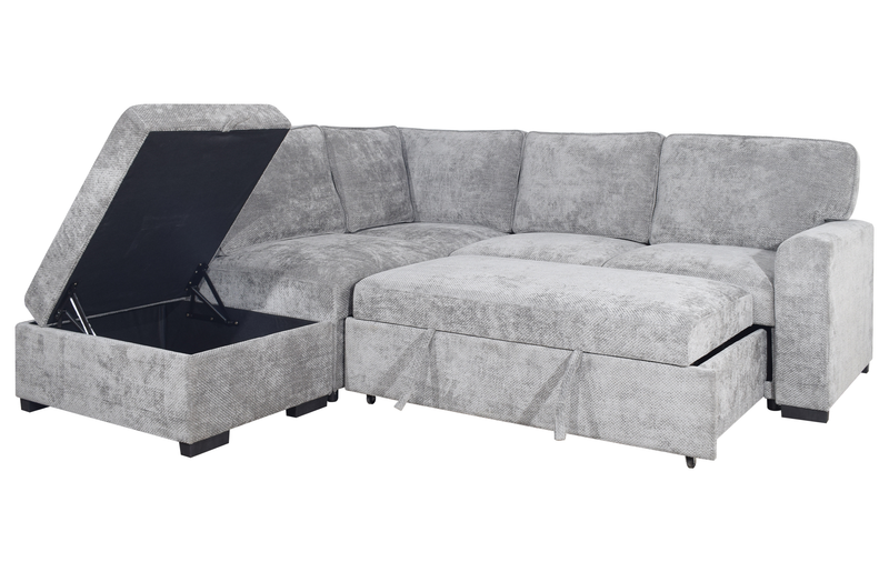 Emerie 3-Piece Left-Facing Chenille Sleeper Sectional with Storage Ottoman – Grey