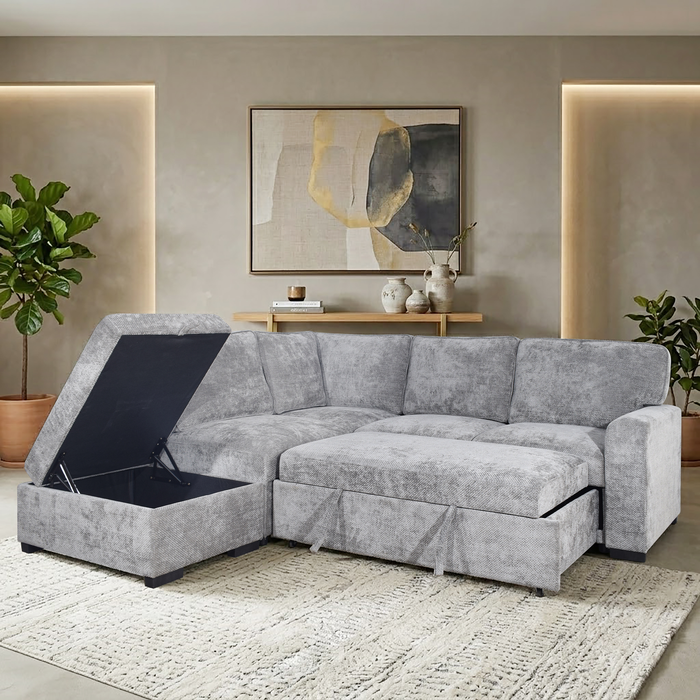 Emerie 3-Piece Left-Facing Chenille Sleeper Sectional with Storage Ottoman – Grey