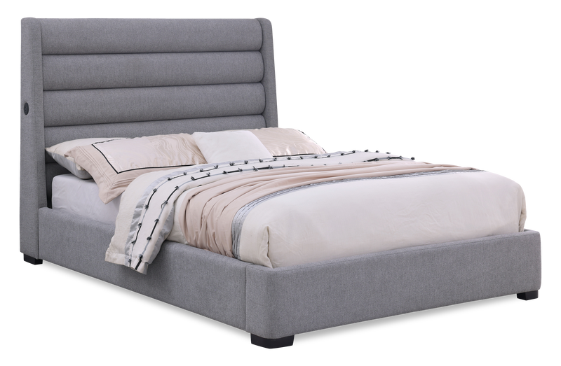 Jade Upholstered Platform Bed with USB Ports in Grey Fabric - Queen Size
