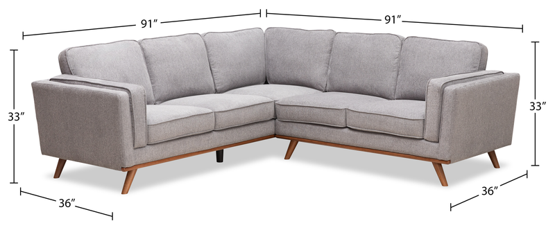 Kort & Co. Kassia 2-Piece Linen-Look Fabric Sectional with Wood Base and Legs - Grey