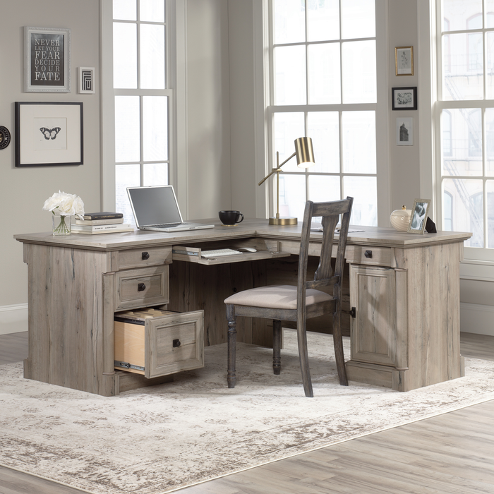 Palladia 65.12\" L-Shaped Desk with 3 Drawers – Split Oak