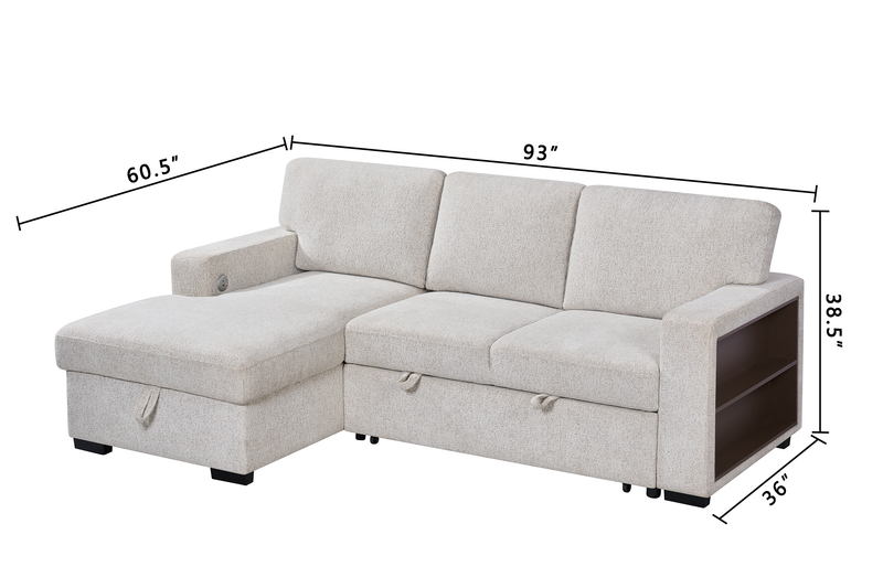 Pocket 2-piece Left-facing Linen-Look Fabric Sleeper Sectional with Storage - Beige