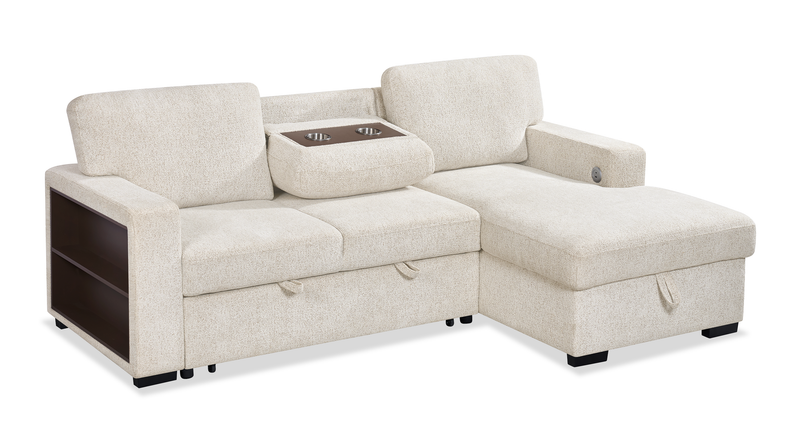 Pocket 2-piece Right-facing Linen-Look Fabric Sleeper Sectional with Storage - Beige