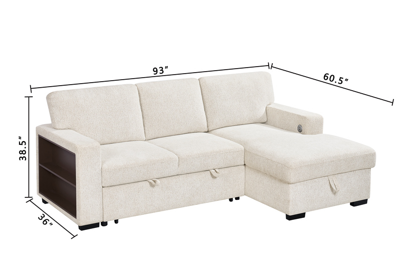 Pocket 2-piece Right-facing Linen-Look Fabric Sleeper Sectional with Storage - Beige