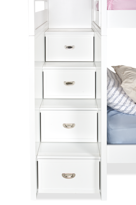 Quinn Bunk Bed with Built-in Staircase Dresser & Guard Rail for Kids, White - Twin/Twin