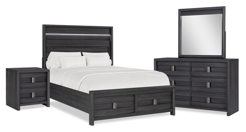 Rocco 6pc Bedroom Set, LED Storage Bed, Dresser, Mirror & Nightstand, Dark Grey - Queen Size