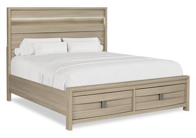 Rocco Storage Bed with 2 Built-In Footboard Drawers & LED Lit Headboard, Light Brown - King Size | Lit de rangement Rocco avec 2 tiroirs de pied de lit intégrés et tête de lit illuminée à DEL, brun clair - format très grand lit