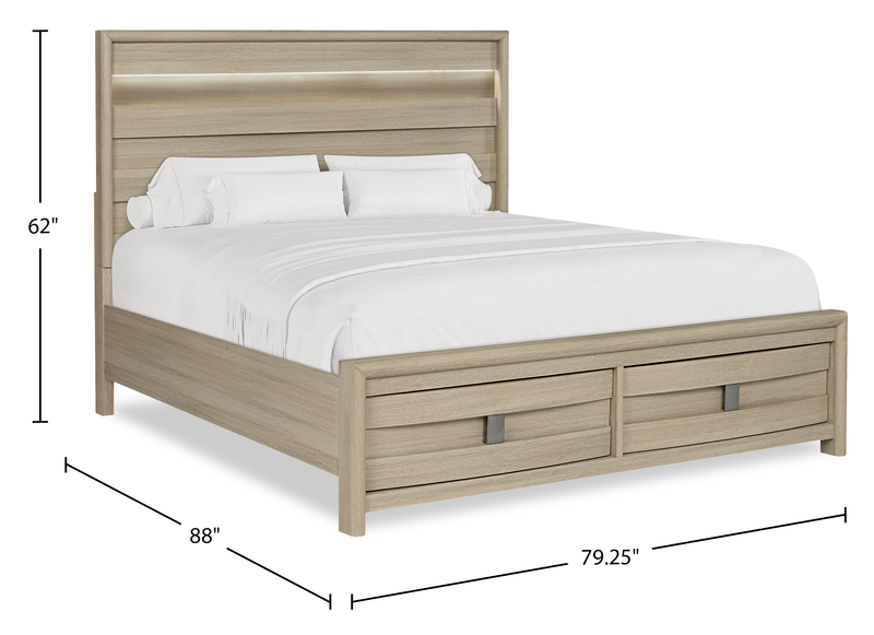 Rocco Storage Bed with 2 Built-In Footboard Drawers & LED Lit Headboard, Light Brown - King Size