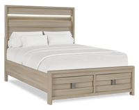 Rocco Storage Bed with 2 Built-In Footboard Drawers & LED Lit Headboard, Light Brown - Queen Size 