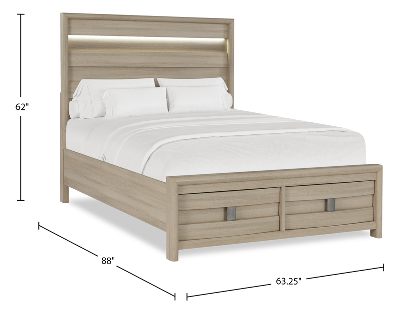 Rocco Storage Bed with 2 Built-In Footboard Drawers & LED Lit Headboard, Light Brown - Queen Size
