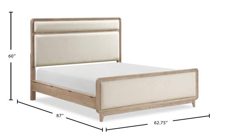 Sasha Panel Bed with Fabric Headboard & Footboard, Natural Oak Brown - Queen Size