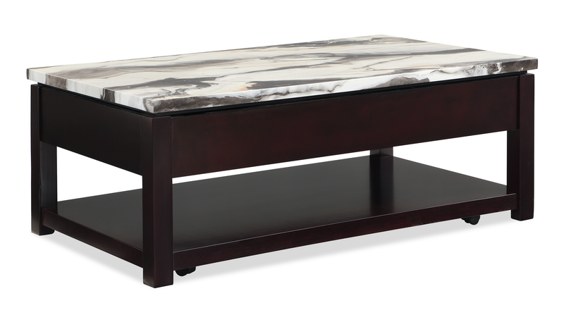Sicily 48” Traditional Lift-Top Coffee Table with Storage and Casters – Light Espresso with Marble Look Top