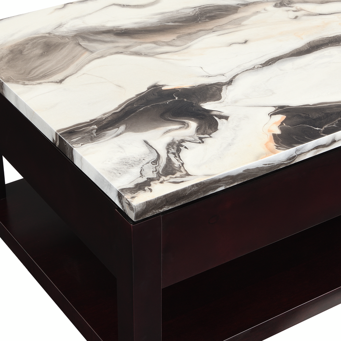 Sicily 48” Traditional Lift-Top Coffee Table with Storage and Casters – Light Espresso with Marble Look Top
