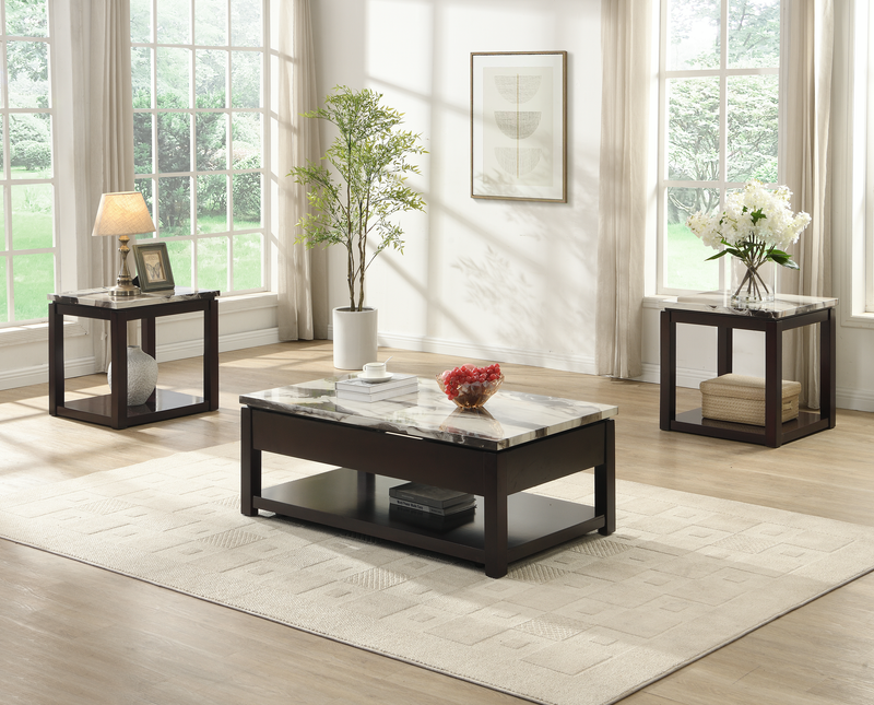 Sicily 48” Traditional Lift-Top Coffee Table with Storage and Casters – Light Espresso with Marble Look Top