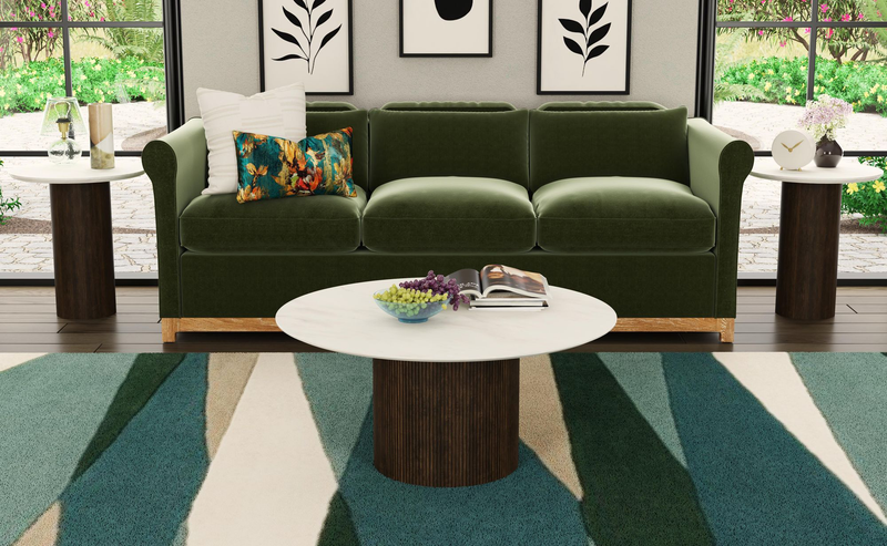Sylvie 38” Modern Round Coffee Table with Marble Look Top – Dark Brown 