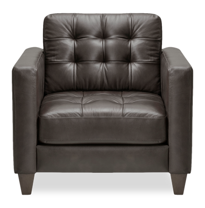 Theo 37" Top-Grain Genuine Leather Chair with Removable Back Cushion and Wood Feet – Grey | Fauteuil Theo de 37 po en cuir véritable de qualité supérieure avec coussin de dossier amovible et pattes en bois - gris