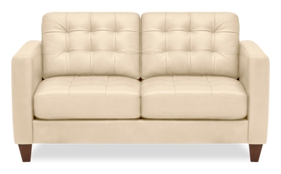 Theo 62" Top-Grain Genuine Leather Loveseat with Removable Back Cushion and Wood Feet - Stone | Causeuse Theo de 62 po en cuir véritable de qualité supérieure avec coussin de dossier amovible et pattes en bois - pierre