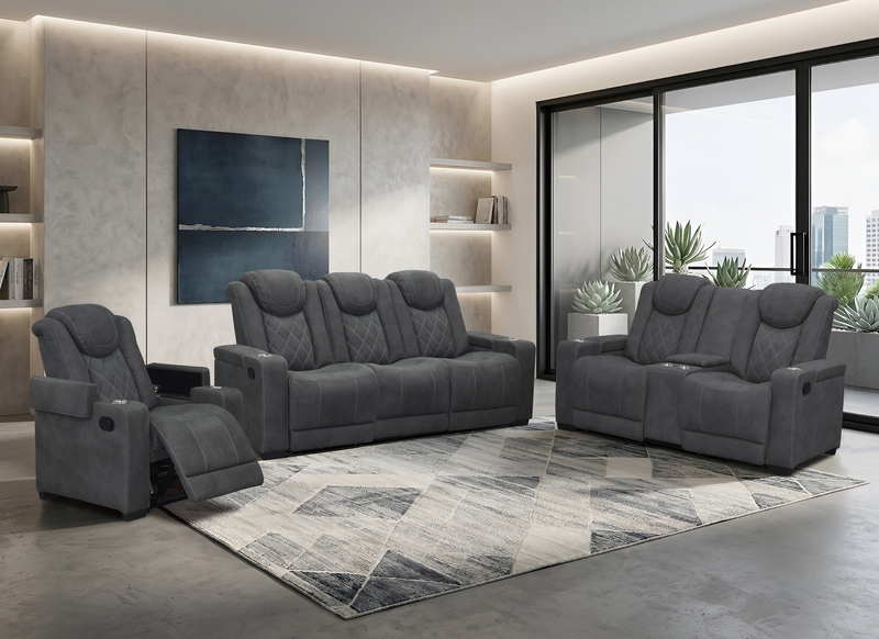 Venture 70.08” Faux Suede Reclining Loveseat with Storage and Cupholders - Grey
