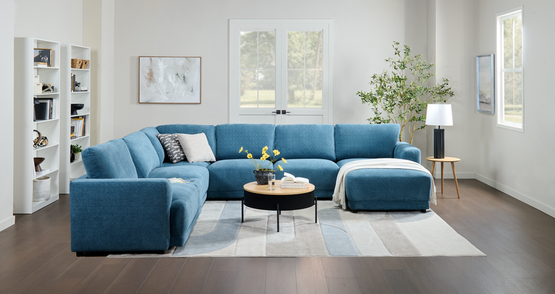 Voyage Modular 7-Piece Right-Facing Fabric Sectional with Console and Removable Back Cushions – Blue