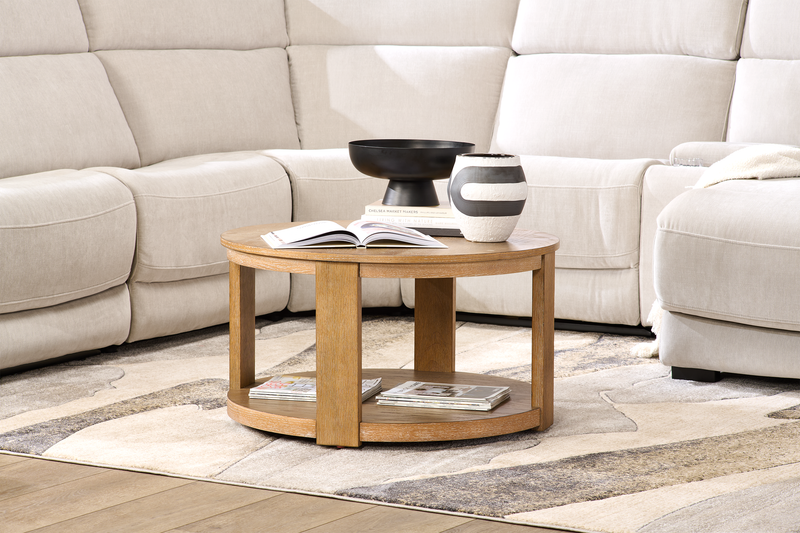 Declan 31.5\" Modern Round Coffee Table with Casters – Natural Wood 