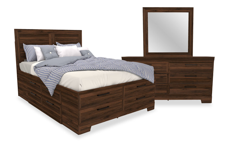 Yorkdale 5pc Bedroom Set with 12-Drawer Storage Bed, Dresser & Mirror, Walnut Brown - Queen Size