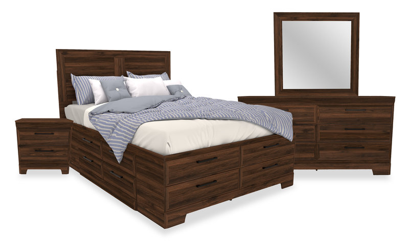 Yorkdale 6pc Set,12-Drawer Bed, Dresser, Mirror & Nightstand, Walnut Brown - Queen Size