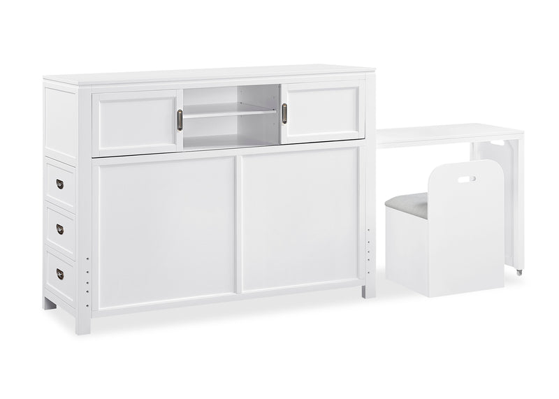 Quinn Platform Bed with Bookcase Headboard, Built-in Desk & Stool, White - Full Size