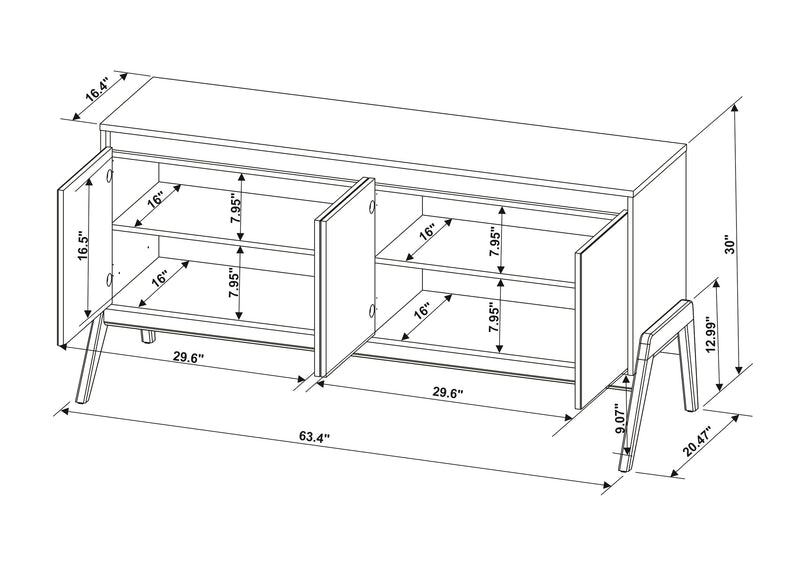 Manhattan Comfort Mid-Century Modern Gales 63.32” Sideboard with Solid Wood Legs - Matte White