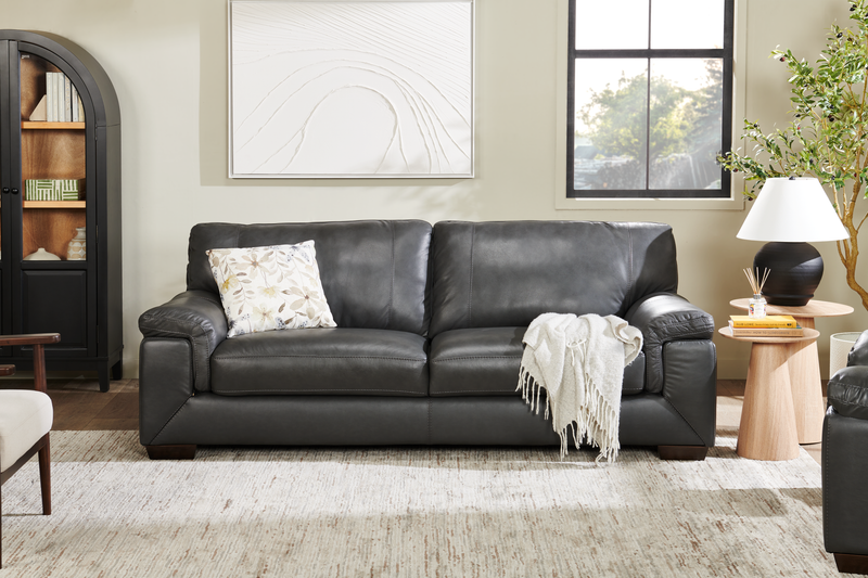 Classico 90\" Genuine Leather Sofa with Wood Legs – Carbon Grey