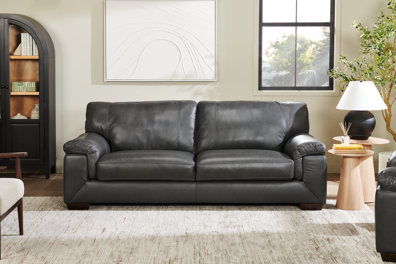 Classico 90\" Genuine Leather Sofa with Wood Legs – Carbon Grey