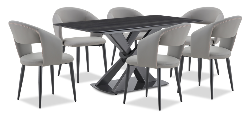 Orion 7pc Dining Set with Table & 6 Chairs, Tech Stone Top, Metal, 63\"W - Black/Grey