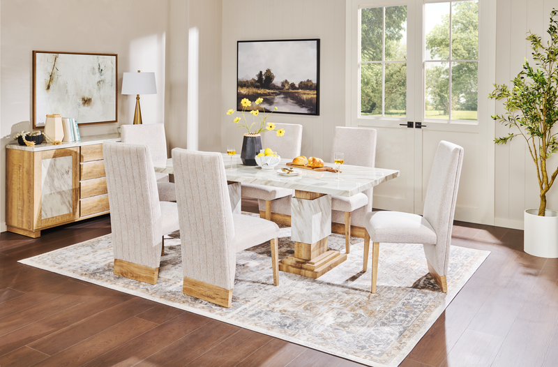Vega Dining Chair with Polyester Fabric, Wood, Channeled Tufting - Natural