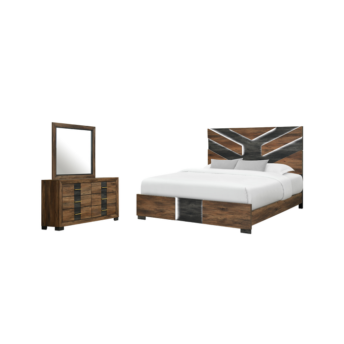 Titanium 5pc Bedroom Set with Bed, Dresser & Mirror, LED, Modern, Brown - King Size