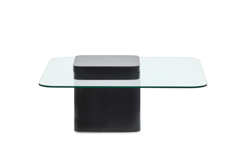 Trevor 35.43” Contemporary Coffee Table with Glass Top & Concrete Base – Obsidian
