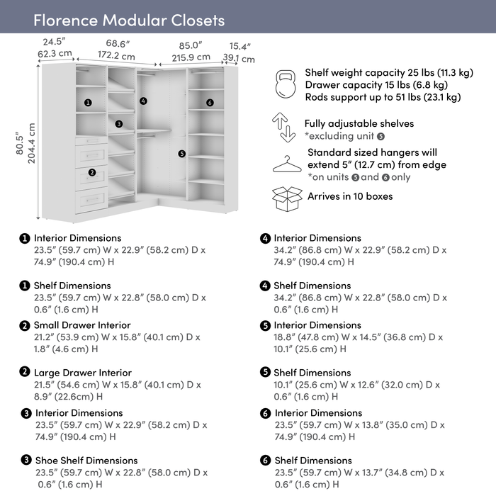 Bestar Florence 85\" Modular L-Shaped Walk-In Closet System with LED Lights, Rods, Drawers and Shoe Shelves Shaker Style - White