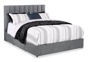 Amos Upholstered Storage Bed in Charcoal Fabric with Channelled Headboard & 3 Built-in Drawers - Queen Size