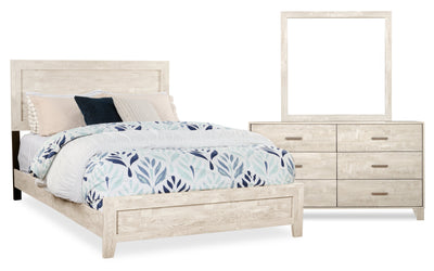 Arbor 5pc Bedroom Set with Panel Bed, Dresser & Mirror, Driftwood White  - Queen Size | Ensemble de chambre à coucher Arbor 5 pièces bois de grève blanc avec lit à panneaux, commode et miroir - format grand lit