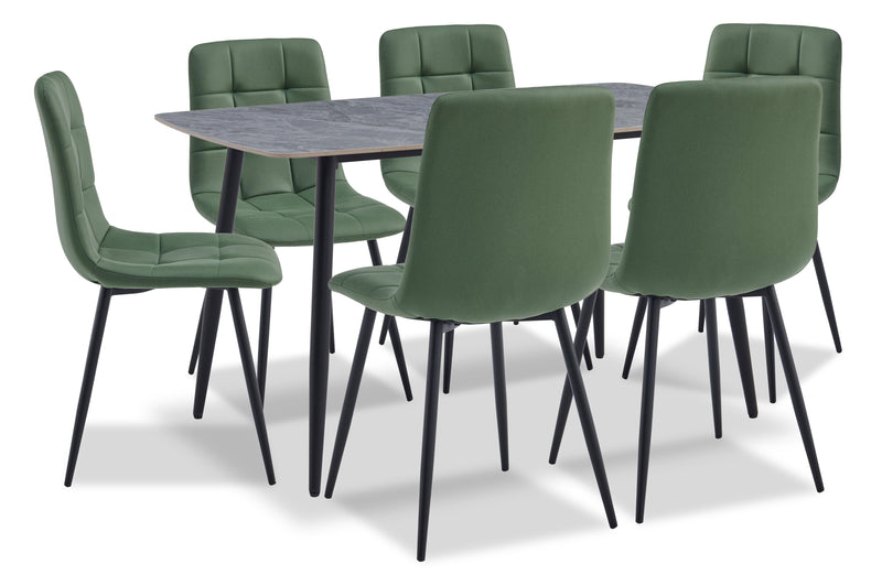 Arlo 7pc Dining Set with Table & 6 Green Chairs, Sintered Stone & Metal, 55\"W - Green & Grey/Black
