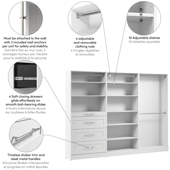 Bestar Florence 107\" Modular Walk-In Closet System with Rods, Shelves and Drawers Shaker Style - White