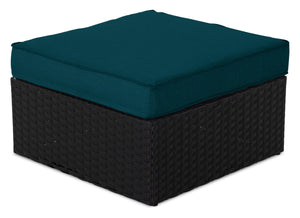 Barbados Outdoor Patio Ottoman - Hand-Woven Resin Wicker, UV & Weather Resistant - Black/Blue