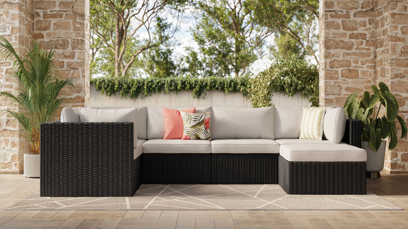Barbados 6-Piece Outdoor Patio Set with 3 Corner Chairs, 2 Armless Chairs & Ottoman - Hand-Woven Resin Wicker, UV & Weather Resistant - Black/Grey