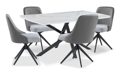 Bari 5pc Dining Set with Table & 4 Grey Swivel Chairs, Marble-Look Ceramic Top, Metal, 63"W | Ensemble de salle à manger Bari 5 pièces en métal avec table de 63 po (L) avec dessus en céramique d’apparence marbre et 4 chaises pivotantes grises