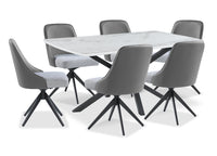 Bari 7pc Dining Set with Table & 6 Grey Swivel Chairs, Marble-Look Ceramic Top, Metal, 63