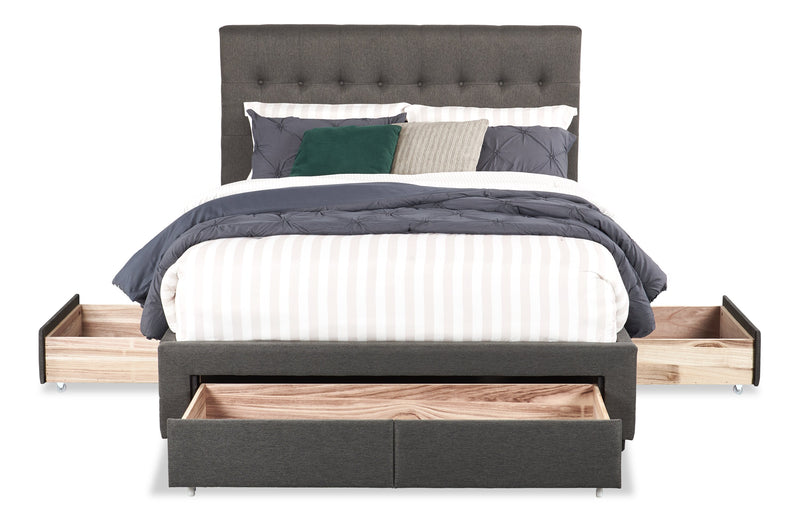 Beck Upholstered Storage Bed in Dark Grey Fabric, Button Tufted - Queen Size