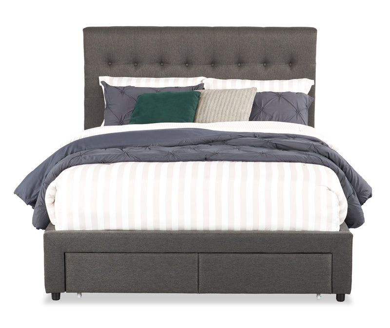 Beck Upholstered Storage Bed in Dark Grey Fabric, Button Tufted - Queen Size