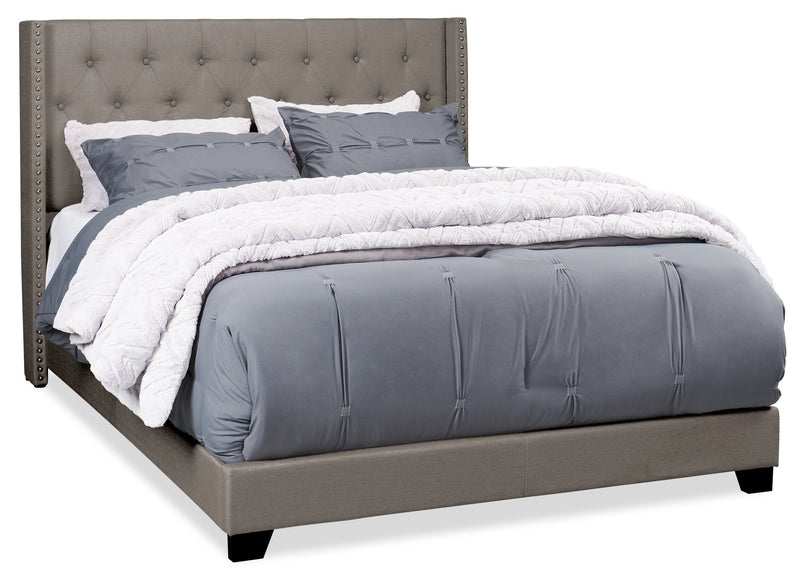 Brady Upholstered Wingback Bed in Light Grey Fabric with Nailhead Design, Button Tufted - King Size