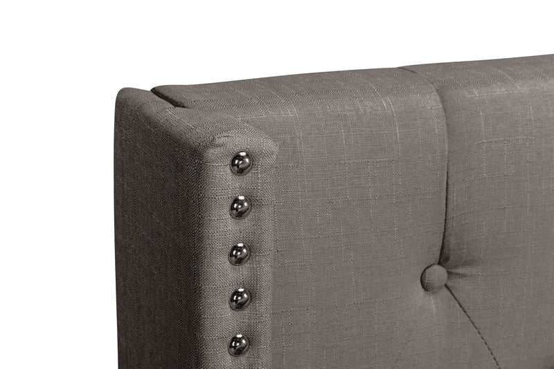 Brady Upholstered Wingback Bed in Light Grey Fabric with Nailhead Design, Button Tufted - King Size