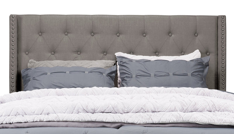 Brady Upholstered Wingback Bed in Light Grey Fabric with Nailhead Design, Button Tufted - King Size