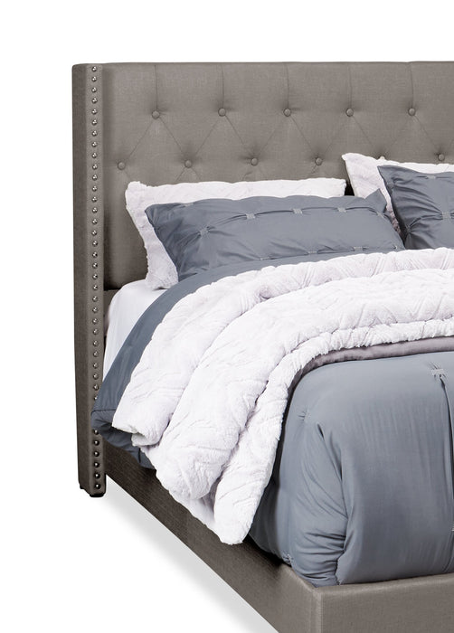 Brady Upholstered Wingback Bed in Light Grey Fabric with Nailhead Design, Button Tufted - King Size